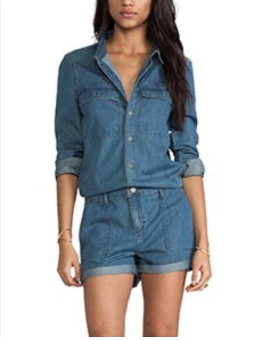 Paige Denim Short Long Sleeve Button Front Romper